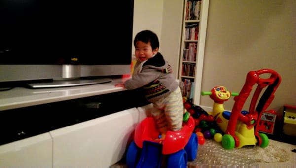 1Y3Ms Climbing into the toy car
