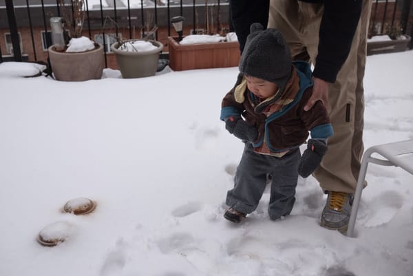 1Y5Ms Playing with the snow on the deck